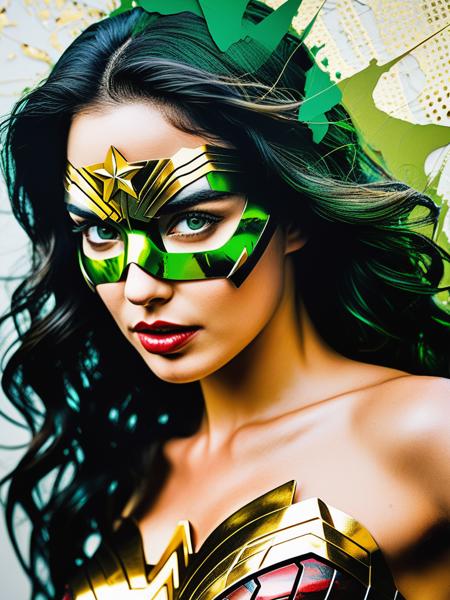<lora:11VisualArt_Hap_XL:1.5>,Sandra Chevrier style,collage,torn paper effect ,pop art, comic book, superhero, wonder woman,  Sexy woman with gold and green mechanical body, glowing green face, glowing green skin, cinematic photography, golden cobweb, majestic, awesome, inspiring, closeup, smooth, atmospheric haze, cinamatic composition, soft shadows, national geographic style, green glow, extremely detailed
