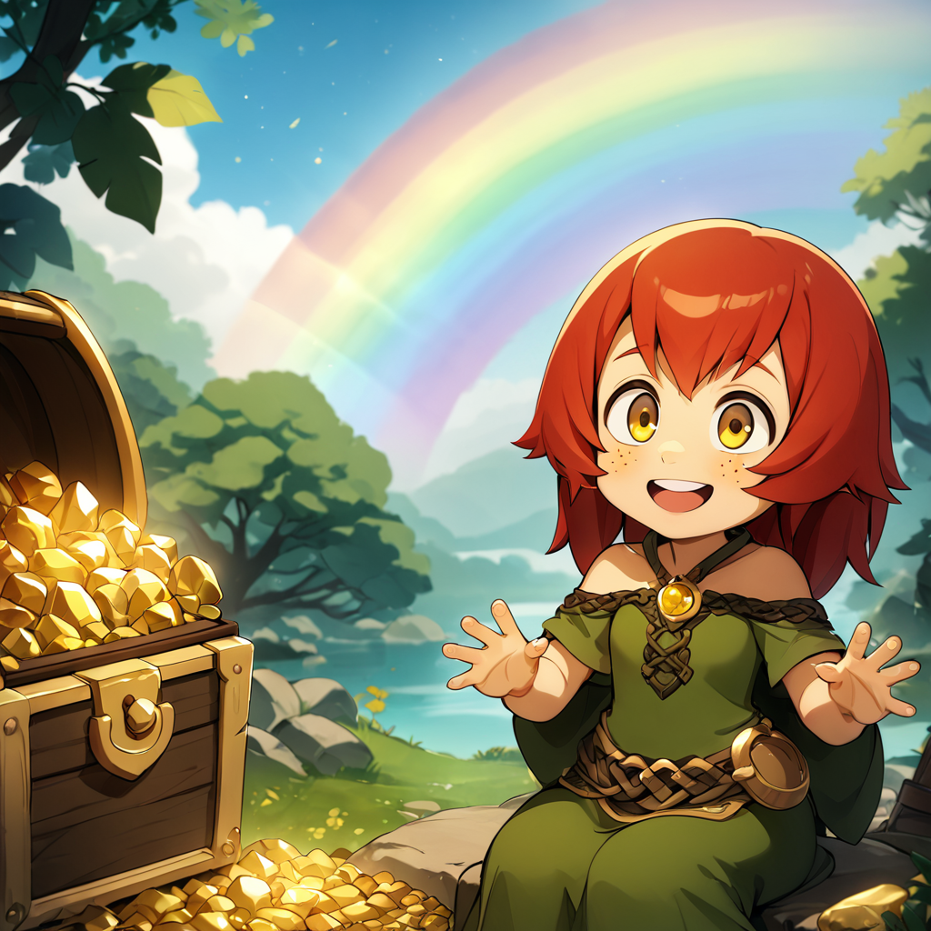 masterpiece,8k,16k,32k,absurd resolution,high resolutionMasterpiece,absurd resolution,8k,BucketGoldUnderTheRainbow,celtic style,1girl,red hair,freckles,celtic clothes,,nice hands,,sitting,looking up,happy,blushing,detailed yellow eyes,looking at viewer,view from above,detailed hands,cute girl holding on her lap big bucket of gold and gems, under rainbow, rainbow, no humans, gem, tree, crystal, scenery, treasure chest, outdoors, sky, gold, gems,<lora:add_detail:0.6> ,<lora:colorfix:0.6>, <lora:BucketGoldUnderTheRainbowSD:0.6>, <lora:wakfu-000019cs2:0.6>,wakfu