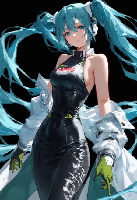 score_9,score_8_up,score_7_up,,source_anime BREAK , RHM22, hatsune miku, 1girl, racing miku, solo, green gloves, twintails, long hair, blue eyes, black bodysuit , two-tone gloves, aqua hair, hair between eyes, jacket, long sleeves, white jacket, ruanyi0932,blue dress,halter dress,sleeveless,cowboy shot,taut dress,skin tight,long dress<lora:ã¬ã¼ã·ã³ã°ãã¯22:1>,<lora:0932 Home wear 9_v1_pony:1>