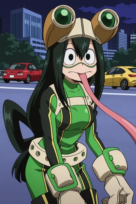 anime screencap, anime coloring, detailed face, masterpiece, best quality, very aesthetic, absurdres, volumetric lighting,
outside, buildings, car, motor vehicle,
<lora:Tsuyu_AsuiFroppy_My_Hero_Academia:1>
Froppy hero outfit, Tsuyu Asui (character), asui tsuyu, 1girl, solo, black hair, hair between eyes, long hair, black eyes, low-tied long hair,
long tongue, frog girl, goggles, tongue, gloves, goggles on head, green bodysuit, tongue out, looking at the viewer