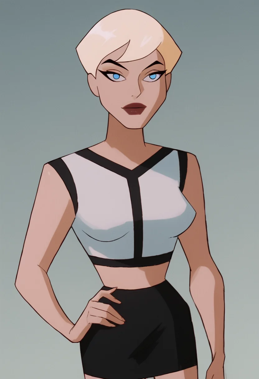 <lora:ChelseaBatmanBPony1.0:1> chelsea, 1girl, solo, blonde hair, short hair, white shirt, blue eyes, breasts, lipstick, black skirt, score_9, score_8_up, score_7_up, score_6_up, score_5_up, score_4_up, looking at viewer, hand on own hip, cowboy shot,simple background,