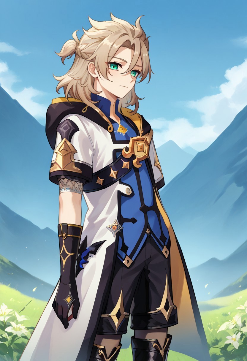 score_9, score_7_up, source_anime 

albedo, 1boy, male focus, solo, aqua eyes, blonde hair, medium hair, side braid, hair between eyes, parted bangs, short ponytail, star (symbol), tattoo, tattoo on neck, shirt, blue shirt, vision (genshin impact), short sleeves, coat, white coat, hooded coat, hood, hood down, open coat, open clothes, shoulder belt, gloves, black gloves, shorts, black shorts, black pantyhose, thigh boots, black footwear, 

outdoor, sky, mountains, 