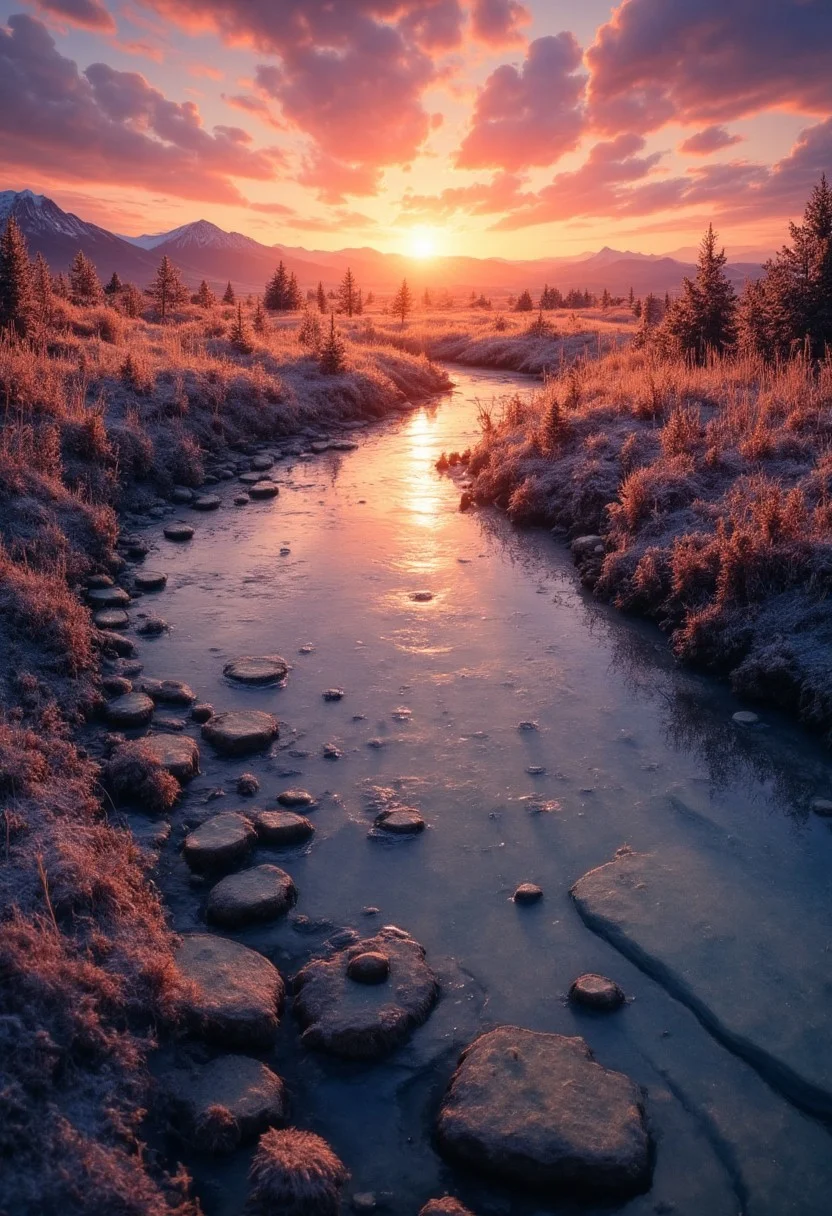 An icy pond with a rocky riverbed in a winter meadow. The ice looks crisp and cold. Frosted dead plants line the side of the pond. The setting sun goes below the horizon, painting the sky in vivid hues of red, orange, and gold. Dead grass sparkles with frost as sunbeams dance across the landscape. Puffy clouds catch the evening light, transforming into floating islands of color. In the distance, the mountains' peaks submerge in shadow.