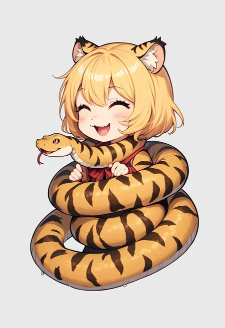 score_9, score_8_up, score_7_up, best quality, fine detail, 1girl, solo, cute, (tiger girl chibi laughing), very detailed background), (((large snake wrapped around body))), from side, happy, playing, in the jungle, fog, wet, visually interesting, vivid colors, dark shadows, highest quality,