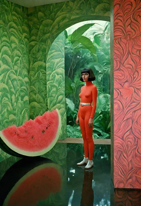 Science fiction Cinematic still, reflected light, Brazilian actress Julcila Telles in modernist tropical rainforest home, watermelon wallpaper by Pucci, 1970s science fiction retrofuturism