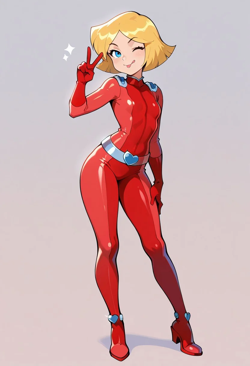 clover_totally_spies, short hair, blonde hair, blue eyes, red bodysuit,
masterpiece, best quality, amazing quality, very aesthetic, absurdres,
1girl, solo, short, young, flat_chest1.9, Shortstack,
looking at viewer, standing, smile, closed mouth, tongue out, peace sign, wink, full body