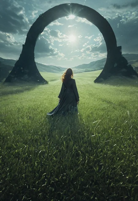 Color-grain Summer scene of a woman with billowing Long Hair Walking through a vast Green meadow Landscape with to a giant open door with a deep black abyss Grabbling Out of it resembling a stargate, veiled in a DARK robe resembling a jedi, very detailed, sunrise behind fluffy Clouds with extrem volumetric lighting backdrop, atmospheric haze, Film grain, cinematic film still, shallow depth of field, highly detailed, high budget, cinemascope, moody, epic,