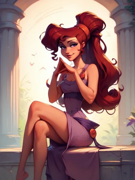 score_9, score_8_up, score_7_up, 1girl, naughty face, sitting on a white pillar, crossed legs, own hands together, cute pose, full body, wide shot,
<lora:AMeghanXLP_character:1>, MegXLP, purple eyes, red hair, high ponytail, makeup, purple dress, cartoon, bare legs,