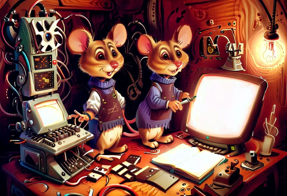 mouse work with old broken computer, cute, masterpiece