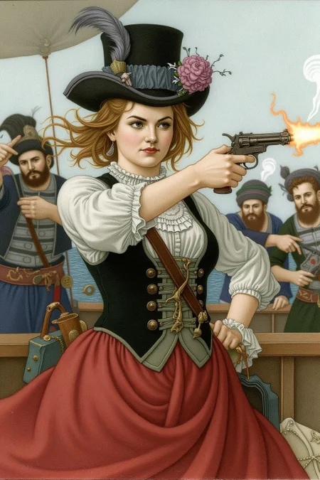 olgadugina1 illustration.
A young woman's determined face, hair whipping slightly as she fires her pistol, smoke billowing forth. Her top hat, black vest, and flowing red skirt evoke a sense of Victorian-era elegance amidst the chaos of a pirate ship in battle, with men clashing in the background, blurred motion capturing the intensity of the scene. <lora:olgadugina2_cap_d6a3e9:1.0><lora:858117251780362755:0>