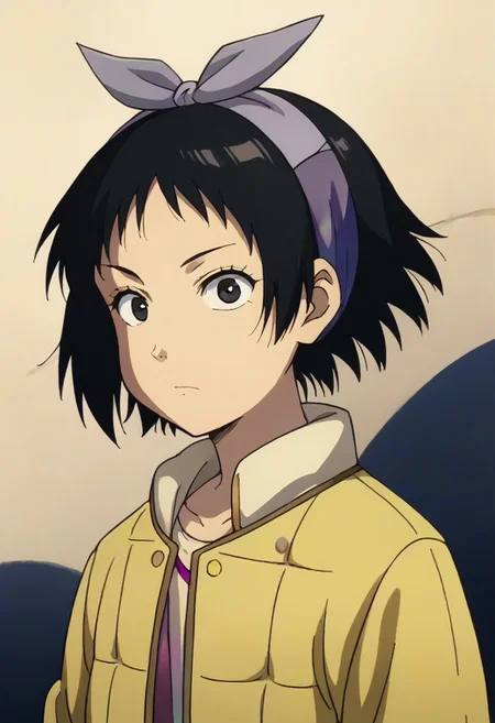 Totori, short hair, black hair, black eyes, yellow jacket, purple hairband, <lora:HeavenlyDelusion:1>,