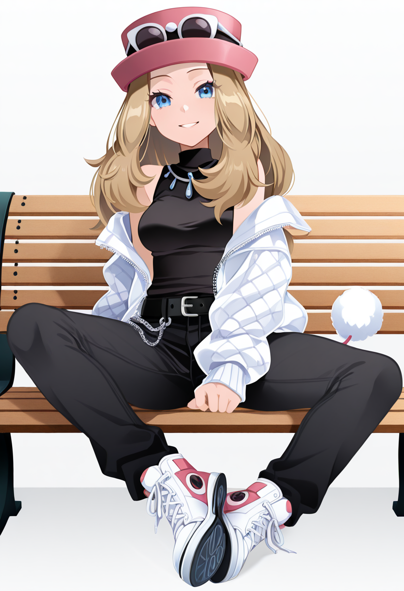 masterpiece, best quality, 1girl, solo, eyelashes, (beautiful eyes), smile,   zzSerena, solo, long hair, blue eyes, eyewear on headwear, pink headwear, <lora:SerenaPokemonIXL_v2:1.0>, looking at viewer,   C0utur3Cr4z3, solo, simple background, shirt, white background, bare shoulders, jacket, tail, full body, open clothes, shoes, sleeveless, belt, pants, off shoulder, black shirt, sleeveless shirt, chain, black pants, white footwear, white jacket, sneakers, zipper, black belt, fake tail, shoe soles,   park, bench,   <lora:CoutureCraze_IXL:1.0>,