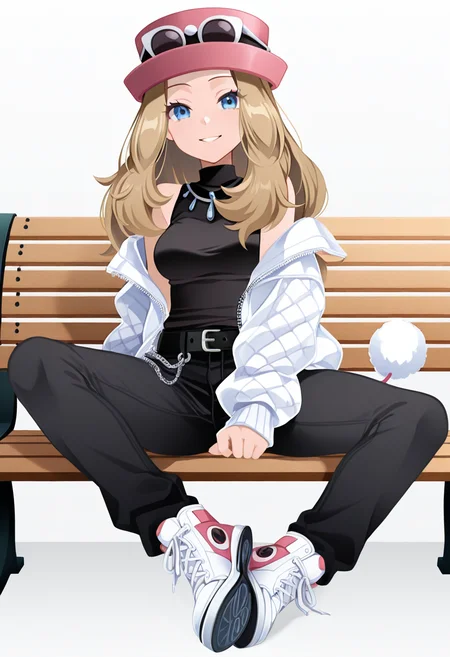 masterpiece, best quality, 1girl, solo, eyelashes, (beautiful eyes), smile, zzSerena, solo, long hair, blue eyes, eyewear on headwear, pink headwear, <lora:SerenaPokemonIXL_v2:1.0>, looking at viewer, C0utur3Cr4z3, solo, simple background, shirt, white background, bare shoulders, jacket, tail, full body, open clothes, shoes, sleeveless, belt, pants, off shoulder, black shirt, sleeveless shirt, chain, black pants, white footwear, white jacket, sneakers, zipper, black belt, fake tail, shoe soles, park, bench, <lora:CoutureCraze_IXL:1.0>,