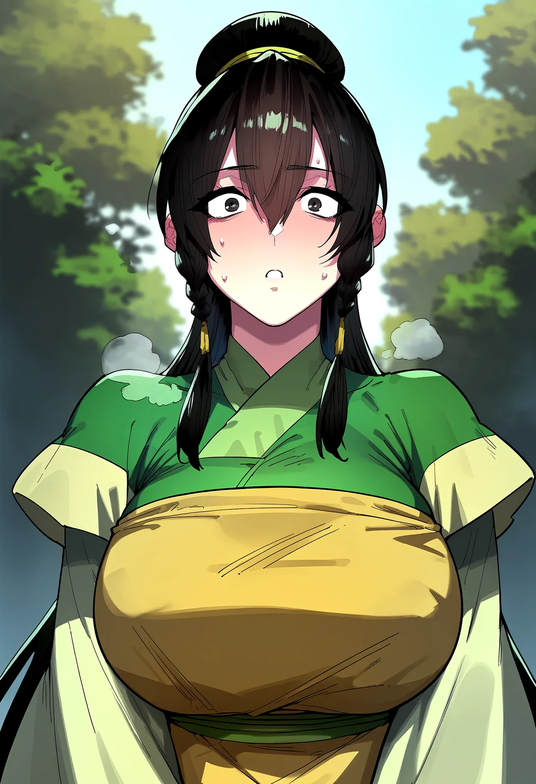 score_9, score_8_up, score_7_up, score_6_up, source_anime, rating_explicit, <lora:neg4all_bdsqlsz_V3.5:2.0>1girl, (solo:1.1), huge breasts, <lora:Jegal Suranponyxl:1> long hair, black hair, black eyes, hair between eyes, hair bun, braid, short over long sleeves, chinese clothes, layered sleeves, apron, surprised, Narrow shoulders, heavy breathing, sweat, steaming body, forest, outdoor, looking at viewer, pov, close-up