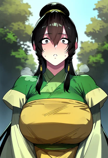 score_9, score_8_up, score_7_up, score_6_up, source_anime, rating_explicit, <lora:neg4all_bdsqlsz_V3.5:2.0>1girl, (solo:1.1), huge breasts, <lora:Jegal Suranponyxl:1> long hair, black hair, black eyes, hair between eyes, hair bun, braid, short over long sleeves, chinese clothes, layered sleeves, apron, surprised, Narrow shoulders, heavy breathing, sweat, steaming body, forest, outdoor, looking at viewer, pov, close-up