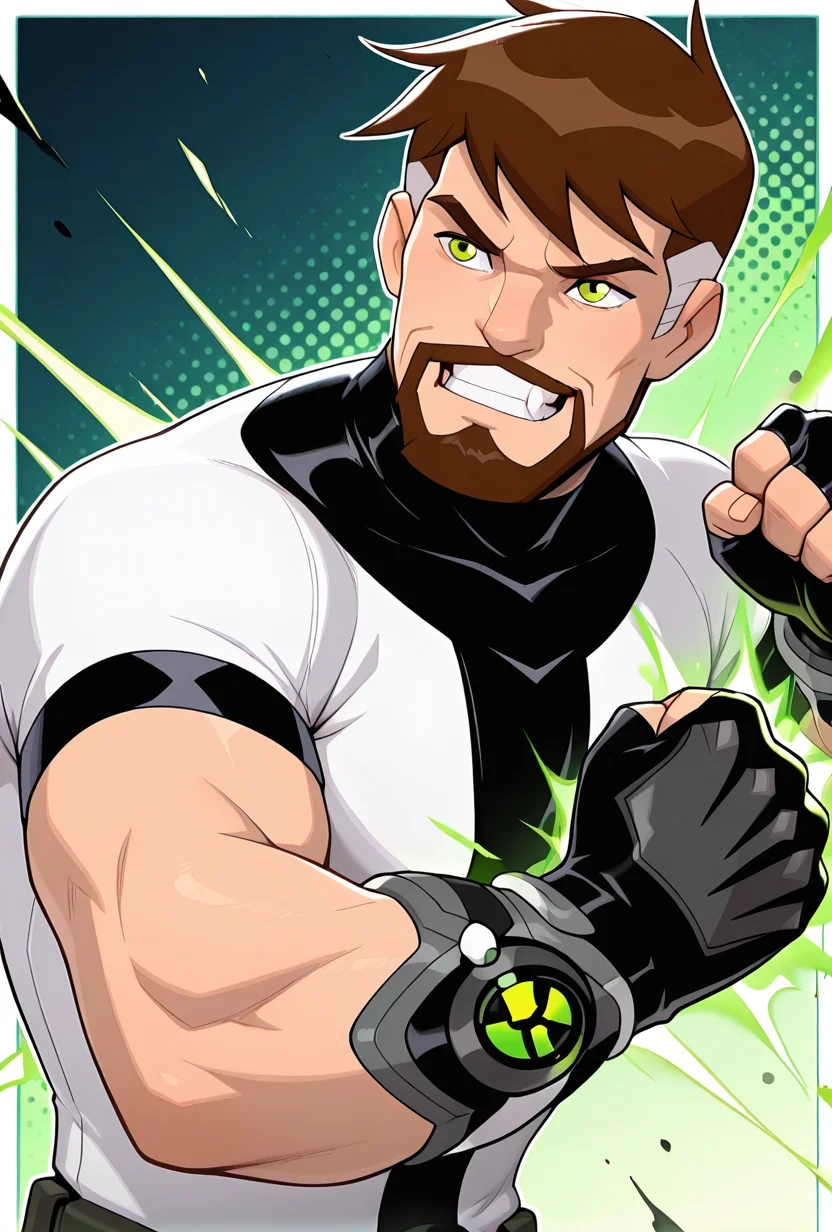 <lora:ben10k-10:1> ben10k, brown hair, male focus, facial hair, beard, short hair, mustache, mature male, muscular, green eyes, white shirt, turtle neck, full facial hair,, two-tone hair, black gauntlet on right arm, fingerless gloves, glowing green symbol on gauntlet, angry, smile, clenched teeth, punching, raised one arm, clenched fist, solo,, masterpiece, best quality, amazing quality, very aesthetic, absurdres, newest,, upper body, halftone effect, white borders, abstract background:1.2,