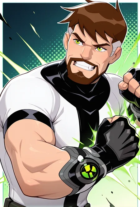 <lora:ben10k-10:1> ben10k, brown hair, male focus, facial hair, beard, short hair, mustache, mature male, muscular, green eyes, white shirt, turtle neck, full facial hair,, two-tone hair, black gauntlet on right arm, fingerless gloves, glowing green symbol on gauntlet, angry, smile, clenched teeth, punching, raised one arm, clenched fist, solo,, masterpiece, best quality, amazing quality, very aesthetic, absurdres, newest,, upper body, halftone effect, white borders, abstract background:1.2,