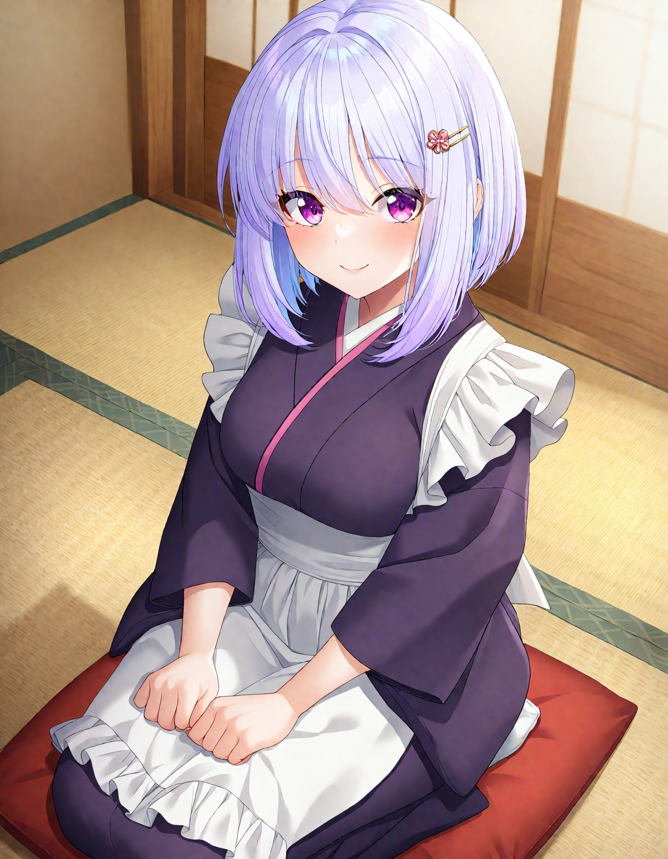 (masterpiece:1.05), (best quality:1.05), digital illustration, 1girl, light purple hair, solo, bob cut, smile, (maid:1.01), purple kimono, (zabuton:1.01), (seiza:1.01), smile, newest, hairclip, hands on thighs, glossy skin, japanese room, highly detailed, smooth gradient, vibrant colors, (great quality:1.03), (absurdres, very aesthetic:1.04), from above, <lora:ErogeCG_lycoris_noobvpred01:0.85> eroge cg