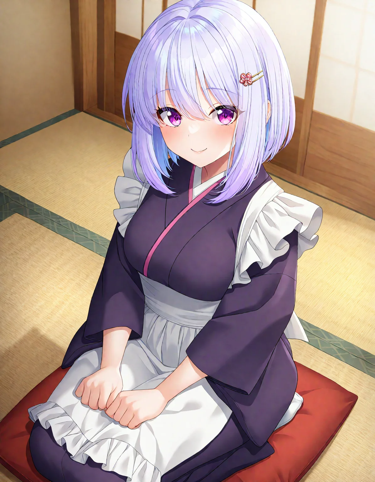 (masterpiece:1.05), (best quality:1.05), digital illustration, 1girl, light purple hair, solo, bob cut, smile, (maid:1.01), purple kimono, (zabuton:1.01), (seiza:1.01), smile, newest, hairclip, hands on thighs, glossy skin, japanese room, highly detailed, smooth gradient, vibrant colors, (great quality:1.03), (absurdres, very aesthetic:1.04), from above, <lora:ErogeCG_lycoris_noobvpred01:0.85> eroge cg