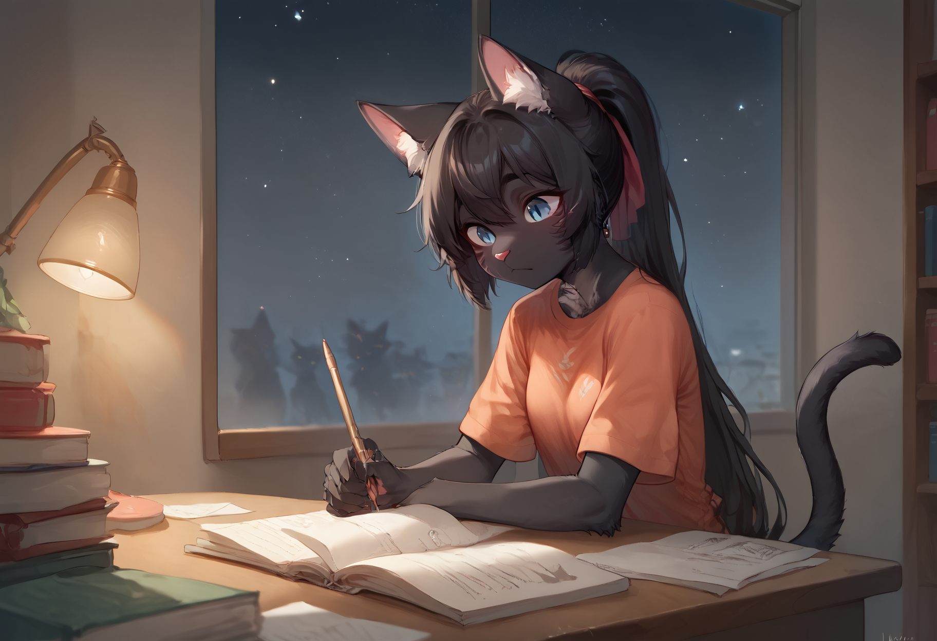 A very thin, petite 19-year-old black furry anthro catgirl with black fur all over her body, with white fur on her chest and belly, blue eyes with cat's slit irises, sitting at a desk in her cozy dorm room. Sheâs wearing casual workout pants and a simple red t-shirt as she leans over a notebook, deep in thought, with a pencil in her hand. Her long black hair is tied back in a loose ponytail. A soft, warm glow from a desk lamp lights up the room, casting gentle shadows across the scene. Beside her is a large window, showing the night sky. The room is cluttered with books and study materials, creating a relaxed and focused atmosphere, much like the iconic lo-fi girl
