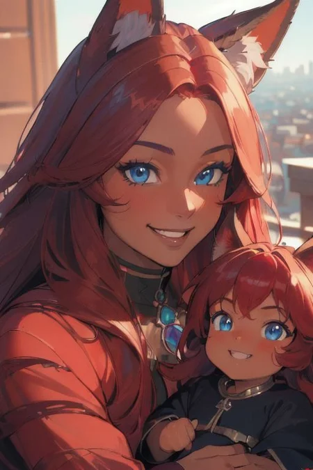 (masterpiece, best quality:1.5), (ultra realistic:1.5), (8k uhd, very high quality:1.5), (extremely detailed face:1.5), (dark skin and muscular mother with blue eyes and ruby red hair holding her dark skin female child:1.5), (dark caramel skin:1.5), (absurdly long ruby red hair:1.5), (ruby red fox ears:1.5), (smiling and happy:1.5), (bright blue eyes:1.5), (city background:1.5)
