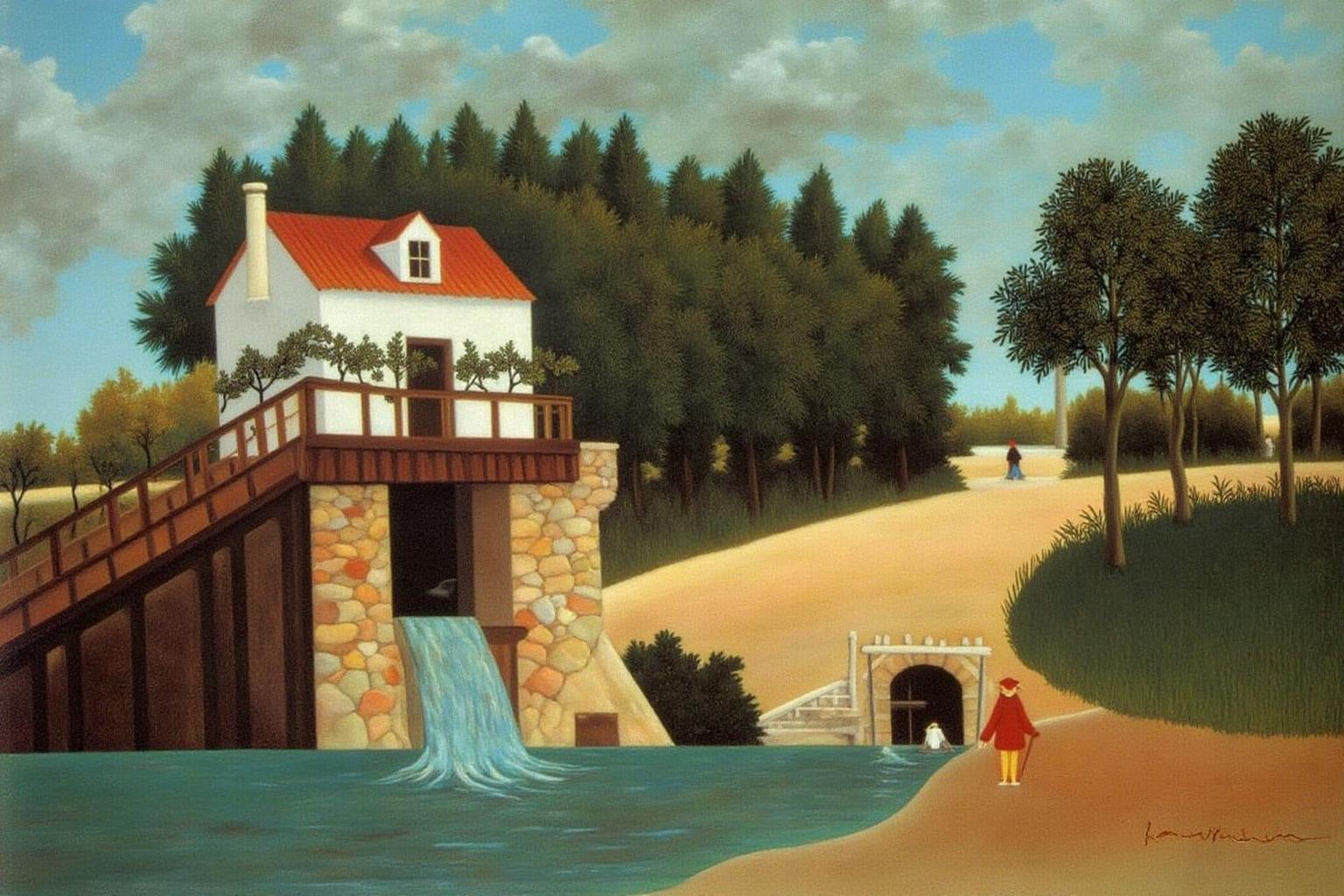 henrirousseau2 painting.
The central subject is a quaint, two-story stone mill house with a red-tiled roof, situated above a small, rustic waterwheel. The white-painted mill house has a prominent chimney, a small balcony with a wooden railing, and a vine-covered trellis. The waterwheel is partially submerged in a calm, turquoise body of water.
 <lora:henrirousseau2_cap_d6a3:1.0><lora:834025998547867504:0>
