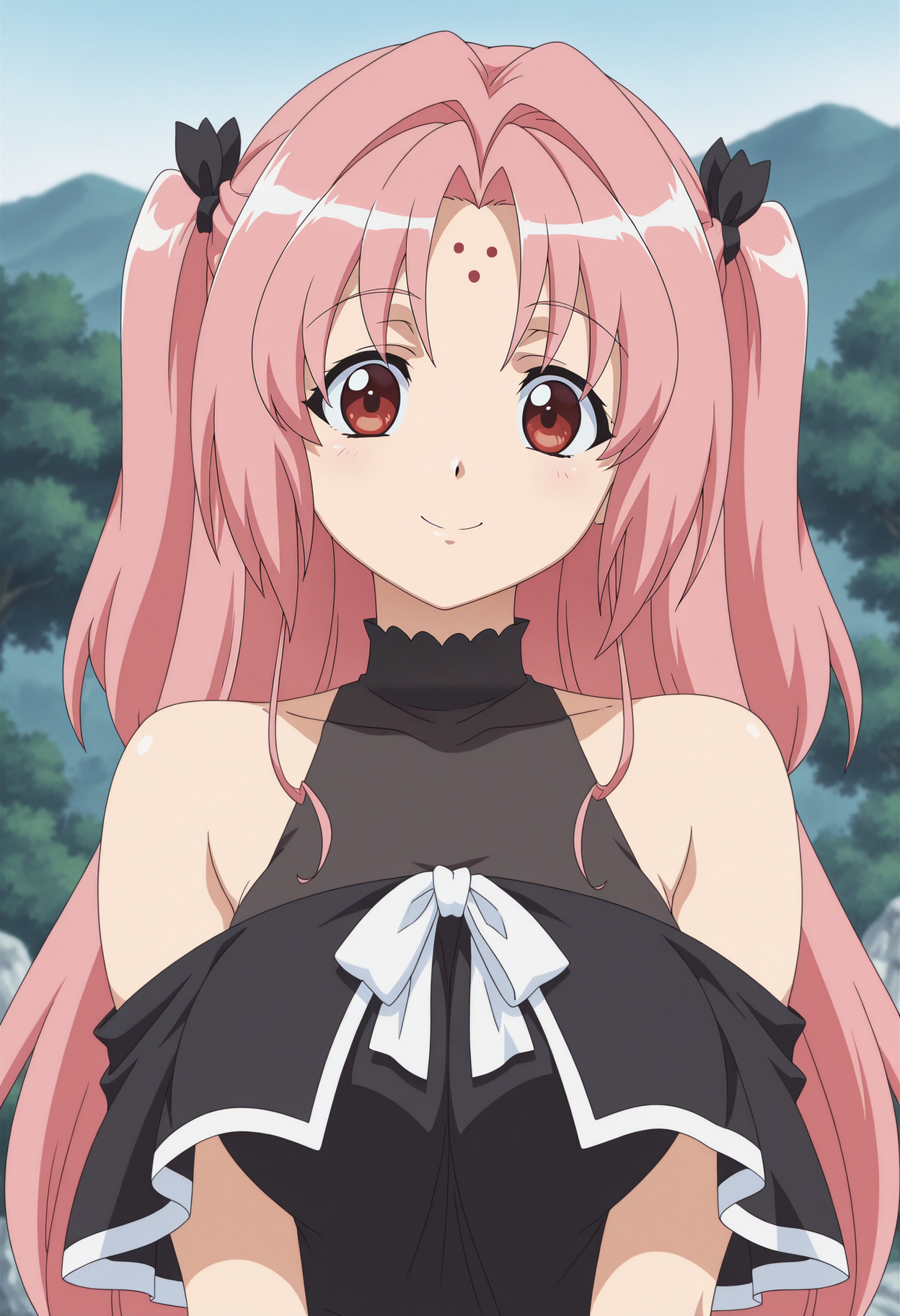 1girl,solo,mm,mature female,pink hair,long hair,two side up,red eyes,forehead mark,hair ribbon,anime coloring,
,black dress,bare shoulders,upper body, looking at viewer, smile, outdoors
,masterpiece,best quality,amazing quality,<lora:Miharu_Sena_Kanaka-Girls_Bravo-IL_r1:0.8>