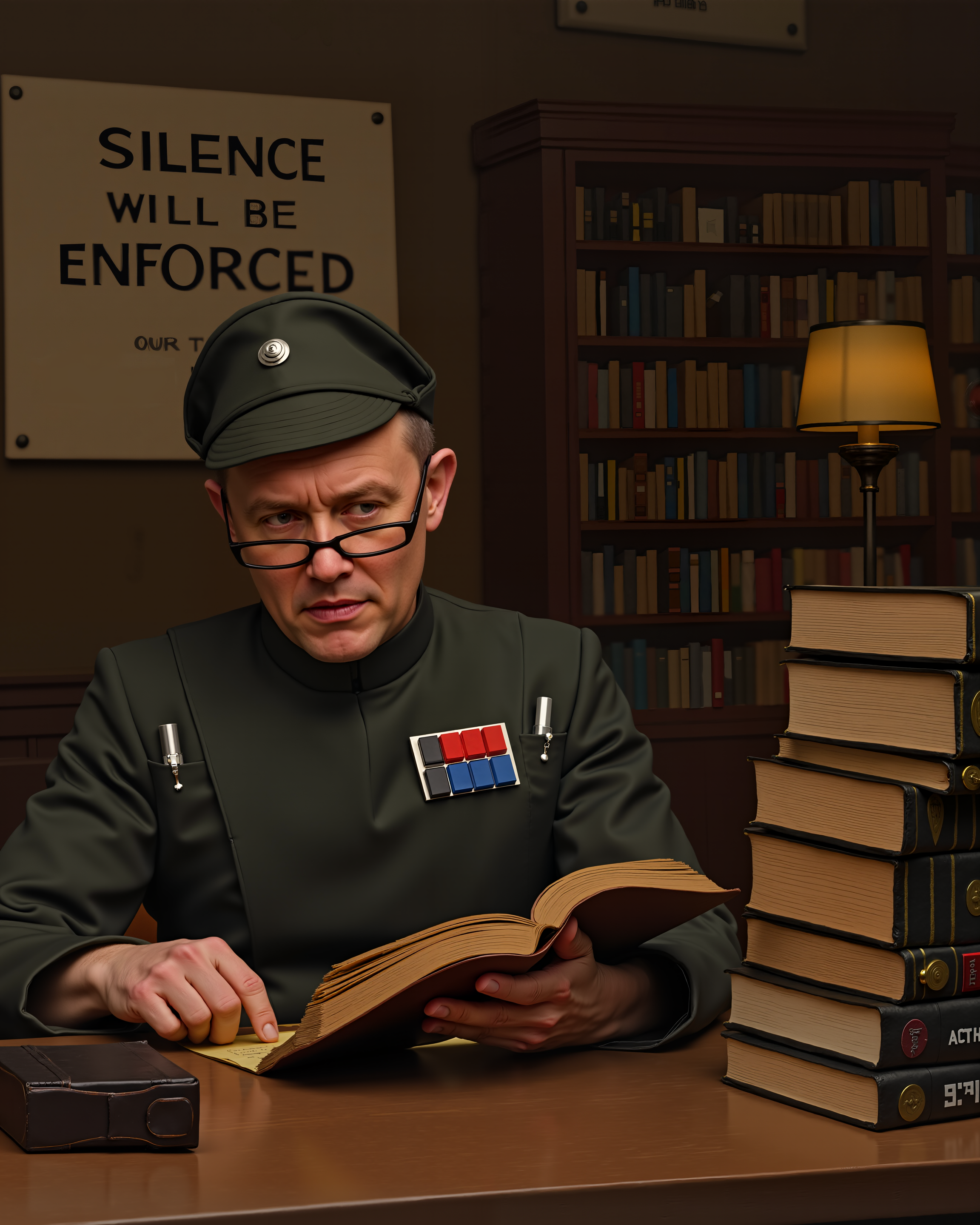 Inside a quiet, warmly lit library, an imperial officer sits behind the checkout desk, meticulously stamping books with military precision. His cap is perfectly straight, and his uniform is impeccably pressed despite the cozy and informal setting. A towering stack of overdue books sits to his side, each meticulously labeled with infractions in perfectly neat handwriting. A pair of reading glasses rests on his nose as he flips through an ancient, leather-bound tome, his expression utterly serious. In the background, a sign reads, "SILENCE WILL BE ENFORCED."<lora:IMPOFF_FLUX>