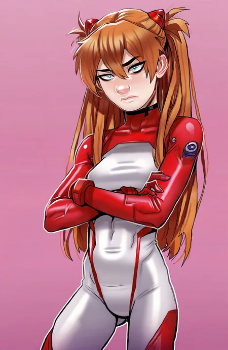 <lora:andava_style4-32:0.7> 1girl, souryuu asuka langley, orange hair, twintails, medium breasts, red plugsuit, looking at viewer, standing, crossed arms, andava_style, source_cartoon, source_anime, score_9, score_8_up, score_7_up, score_6_up, score_5_up, score_4_up, ponypositive,
