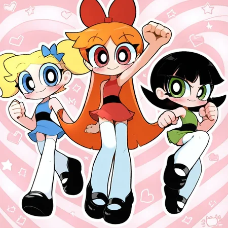 powerpuff, multiple girls, 3girls, 
blonde hair, short twintails, twintails, blue eyes, blue dress, 
orange hair, red bow, hair bow, very long hair, long hair, red eyes, red dress, 
black hair, short hair, blunt bangs, green eyes, green dress, 
smile, looking at viewer, heart, sleeveless dress,
thighhighs, white thighhighs,black footwear, 
arm up, star \(symbol\), mary janes, closed mouth,  clenched hands, blush