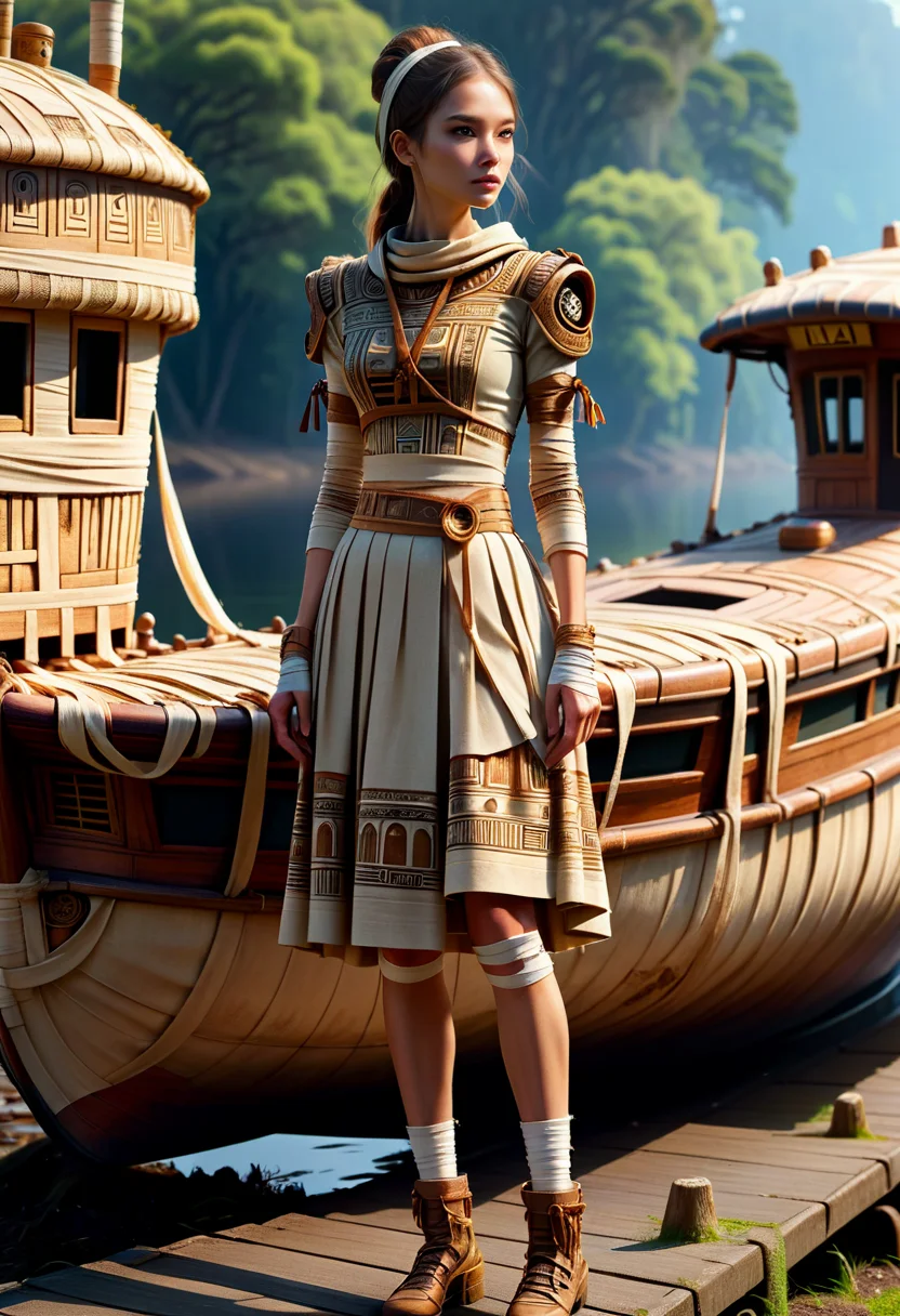 hyper detailed masterpiece, dynamic, awesome quality, snug full body clothing, boat neck, mycelium fabric, rigid, rolled sleeves, knee length, drop waist, flared skirt, train,,cutout details, tie closure,,placement print,ribbons,,open back,,adjustable waist, wrapped in bandages <lora:DonMM00m13sXL:1>