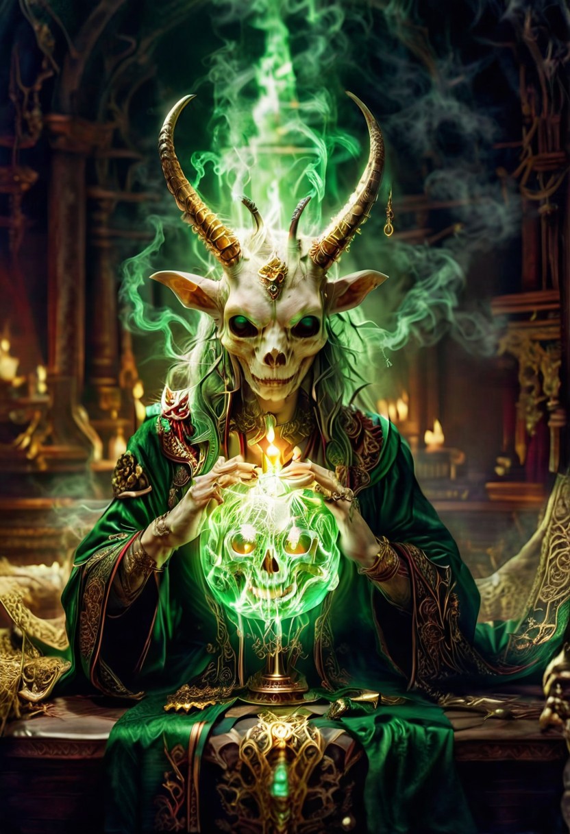 quality, intricate details, Mystical light. Fog. The feminine mage's appearance: evil and mystical, with spiky robes that seem made of green cloth with golden stitches. a ball in one hand and mysterious goat skull in another hand, Rubies, symbolizing their magical power. Glow. a dark evil gaze that hints at their ancient knowledge and mystical prowess. alchemical laboratory, blending the natural with the magical, Soft natural lighting, High Definition HD, High Detail, Perfect Composition, gothic horror