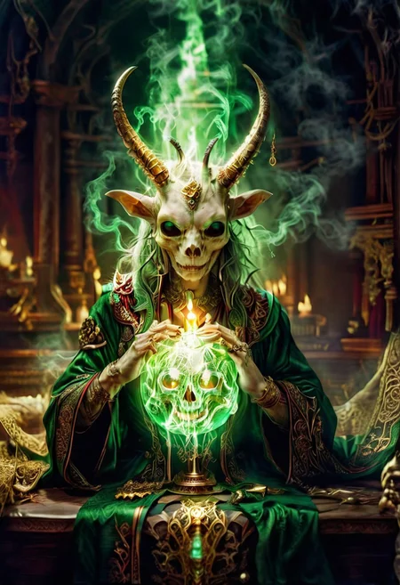 quality, intricate details, Mystical light. Fog. The feminine mage's appearance: evil and mystical, with spiky robes that seem made of green cloth with golden stitches. a ball in one hand and mysterious goat skull in another hand, Rubies, symbolizing their magical power. Glow. a dark evil gaze that hints at their ancient knowledge and mystical prowess. alchemical laboratory, blending the natural with the magical, Soft natural lighting, High Definition HD, High Detail, Perfect Composition, gothic horror