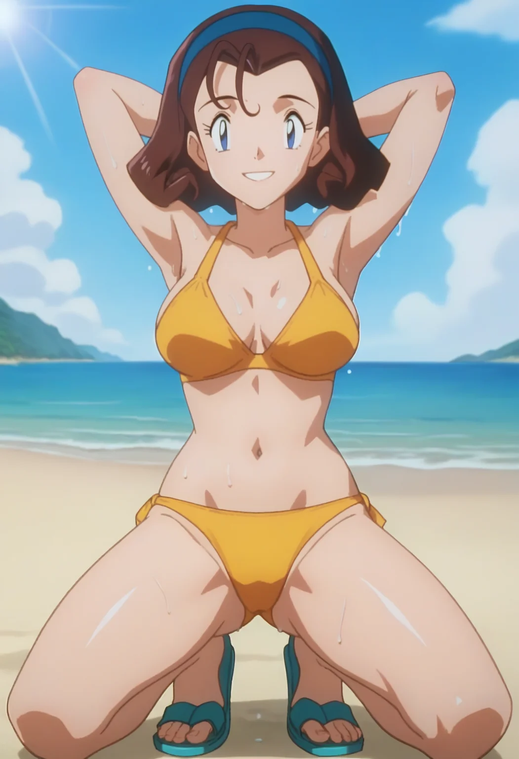 score_9, score_8_up, score_7_up, score_6_up, anime screencap, anime coloring, <lora:PMReiko_epoch_10:0.9>, PMReiko, 1girl, solo, brown hair, blue hairband, short hair, blue eyes, breasts,
yellow bikini, green sandals,
looking at viewer, kneeling, wet, sweat, arms behind head, armpits, smile, legs apart, 
BREAK blue sky, sunlight, day, sunbeam, beach,