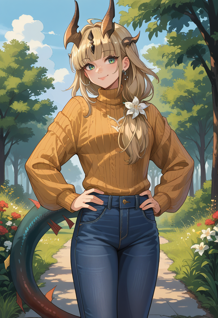 score_9, score_8_up, source_anime, 1girl, solo, ReedTFS, long hair, ponytail, hair flower, hair over shoulder, horns, hair ornament, dragon tail, outdoors, sweater, ribbed sweater, jeans, hands on hips, smile, <lora:ChamReedTFSPonyXL:1>