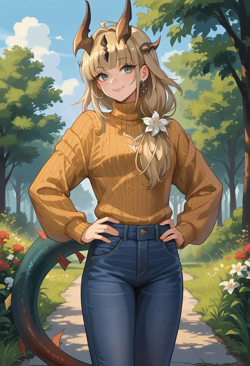 score_9, score_8_up, source_anime, 1girl, solo, ReedTFS, long hair, ponytail, hair flower, hair over shoulder, horns, hair ornament, dragon tail, outdoors, sweater, ribbed sweater, jeans, hands on hips, smile, <lora:ChamReedTFSPonyXL:1>