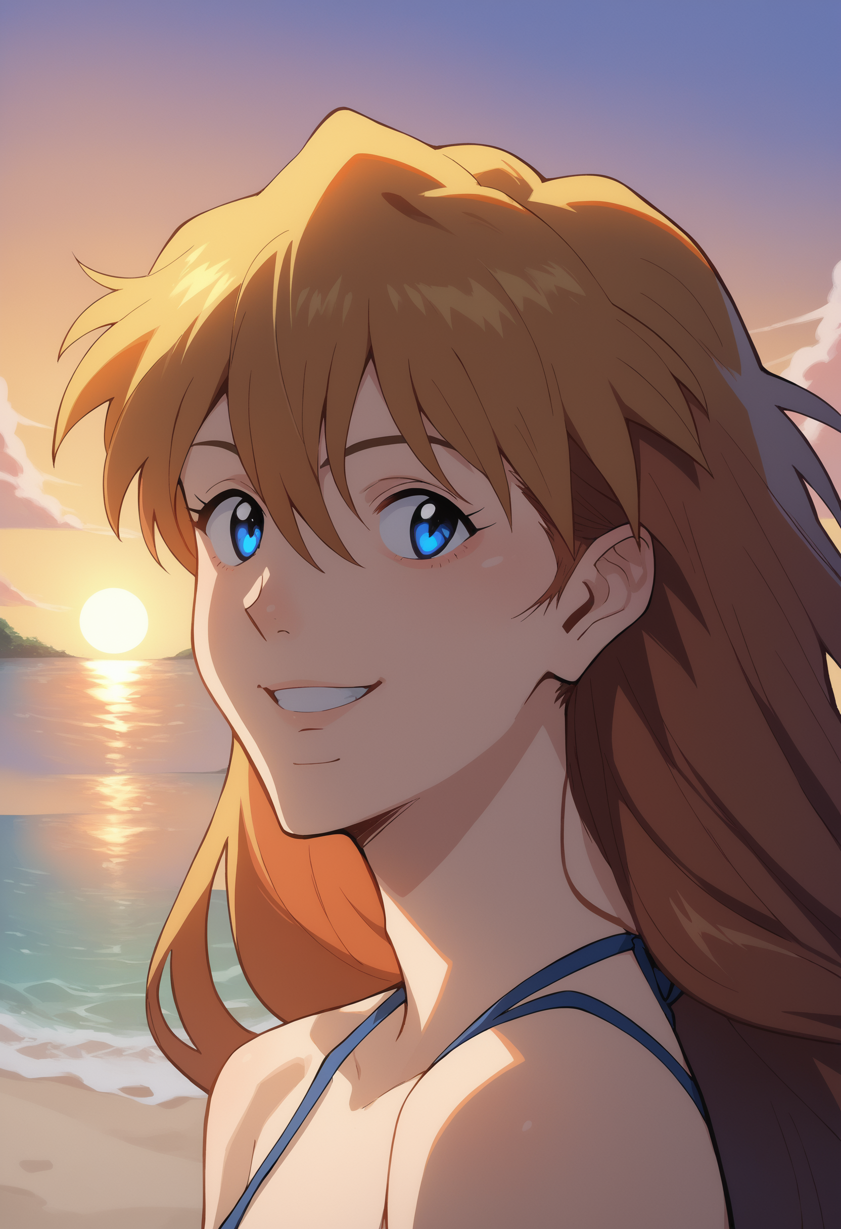 score_9, score_8_up, score_7_up, score_6_up, BREAK,sunset, beach, sand,<lora:asukatopXL_Pony_v1:1> portrait of asklng1, 1girl,long hair,blue eyes,smile<lora:Smooth Anime Style LoRA XL:1>