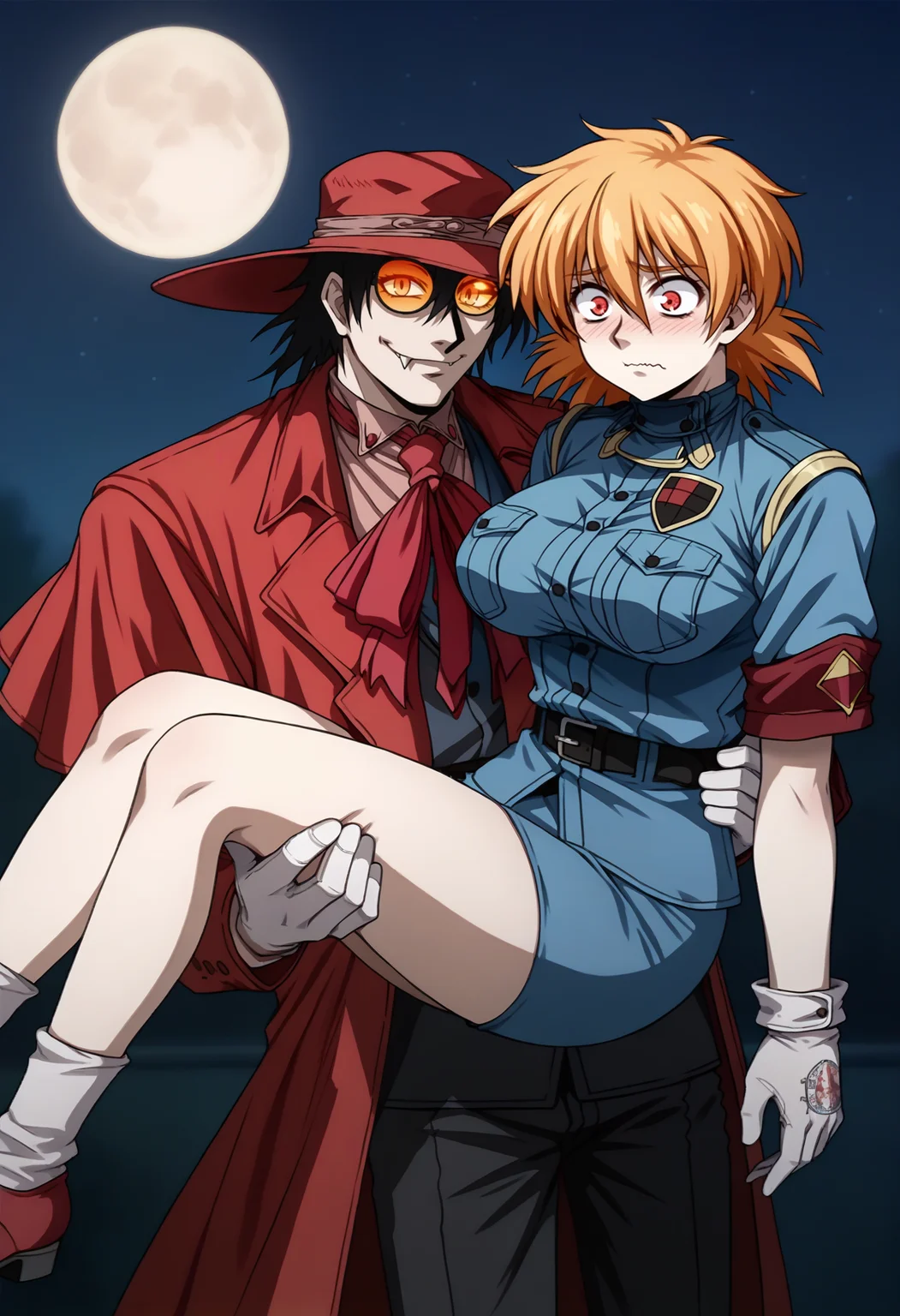 score_9, score_8_up, score_7_up, source_anime, 1boy, 1girl, princess carry, outdoors, full moon, night sky BREAK
smile, closed mouth, fangs, looking at viewer, <lora:AlucardHS-pdxl:1> aluHS, red hat, black hair, glasses, orange-tinted eyewear, red trench coat, red ascot, collared shirt, white gloves BREAK
wavy mouth, embarrassed, <lora:EPhsSeras:1> SerVic, orange hair, short hair, red eyes, hair between eyes, OutfitMil, military uniform, large breasts, black thighhighs, white gloves, miniskirt, pencil skirt, zettai ryouiki, armband, belt, sleeves rolled up, breast pocket, armband, blue shirt, blue skirt