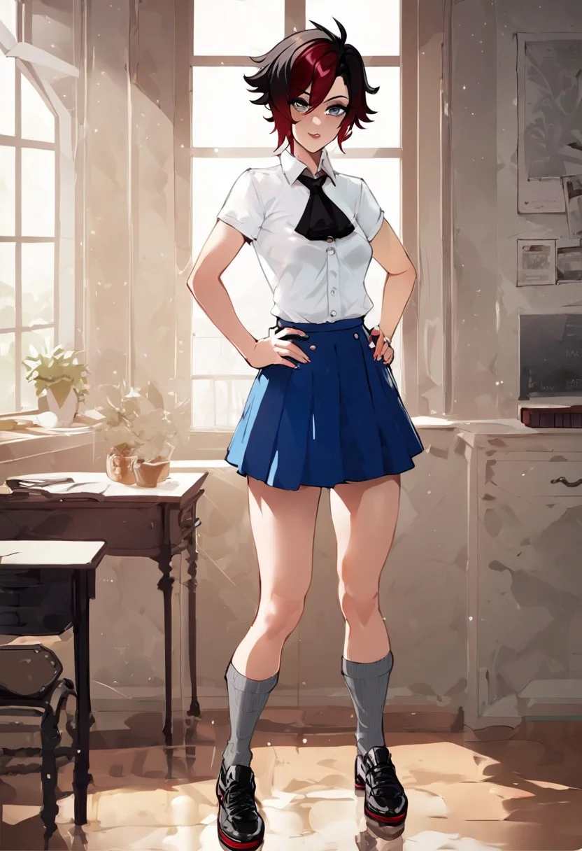 RubyRose, 1girl, solo, black hair, red hair, two tone hair, silver eyes, white short sleeve blouse with two pockets, folded shirt collar, tucked in shirt, black neckerchief, blue skirt, black lace shoes, gray wool socks, slender body, small breasts, standing, Nyantcha style, neolight, inside, looking at viewer, hands on hips, oak walls, standing in from of desk, light coming through window, zPDXL, zPDXLxxx, score_9, score_8_up, score_7_up, score_6_up, score_5_up, score_4_up,
BREAK <lora:pony Slider skirt length by Topplok2:-1.8>