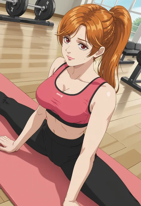 <lora:PonyScores7:1> anime coloring, source_anime, rating_explicit, uncensored BREAK
masterpiece, best quality, very aesthetic, absurdres, anime screencap BREAK
<lora:Trillion_Game_-_Kirika_Kokuryuu:1> trillionkirihime, long hair, orange hair, swept bangs, braid, ponytail, red eyes, lipstick, nail polish, large breasts BREAK
pink sports bra, black yoga pants BREAK
indoors, (gym, yoga mat:1.4) BREAK
<lora:Splits_Yoga_Pose_-_Andi_Poses:1> 1girl, yoga, splits, legs spread, arched back, on floor, light smile, sweat, dutch angle, high angle shot, pov, looking at viewer