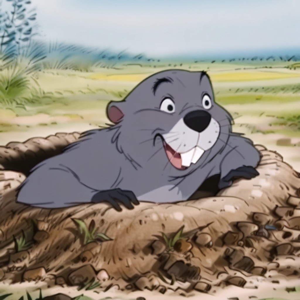 masterpiece, best quality, amazing quality, WtPgopher, semi-anthro, male, gopher_boy, grey fur, black eyes, buck teeth, in hole, partially underground, farm