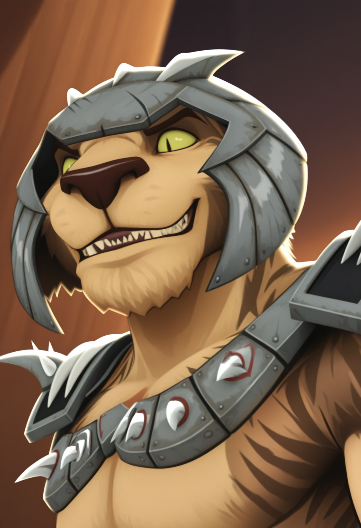masterpiece,best quality,amazing quality, 1boy, solo, k4lus, tiger, brown fur, body markings, green sclera, slit pupils, helm, spiked pauldrons, spiked chest armor, close up, side angle, smirk,