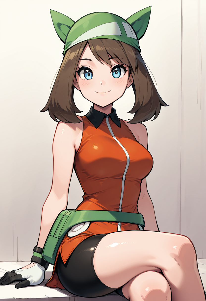 masterpiece, best quality, solo, curvy, beautiful eyes,  zzMayEm, blue eyes, brown hair, medium hair, gloves, green bandana, orange dress, bike shorts, sleeveless, fanny pack, green bag, ,<lora:MayEmeraldPokemon_IXL_v2:1.0>,sitting, crossed legs, upper body focus, smile, looking at viewer, shiny skin,