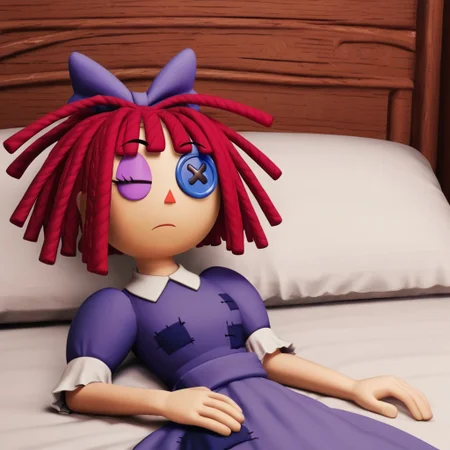 sleeping in bed, d_ll, 1girl,rag-doll, red yarn-like hair, flat orange triangular nose, blue button eye and black pupil in actual eye, purple bow in hair, purple dress with darker patches, white undershirt