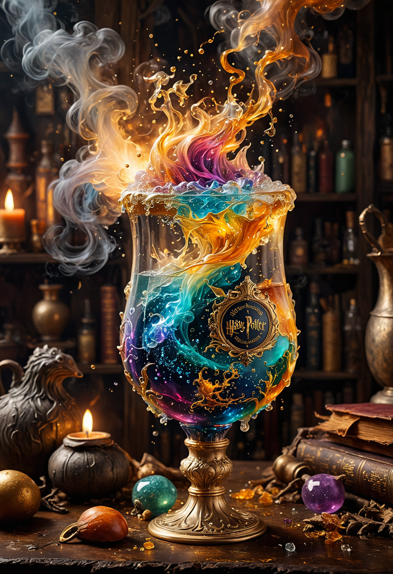 A mesmerizingly bubbling coktail evoking the essence of Harry Potter, every element brimming with magical whimsy: swirling colors reminiscent of Hogwarts houses, bubbling cauldron emitting mysterious steam, and shimmering golden flecks hinting at hidden enchantments. The intricate details of potion ingredients like mandrake roots and unicorn hair are exquisitely captured in a captivating painting that transports viewers to the wizarding world. This stunning image masterfully combines fantasy with realism, showcasing the highest level of artistry and imagination.
OverallDetailXL  <lora:SDXLFaeTastic2400:0.4>  <lora:DetailMaximizer:0.7> detailmaximizer <lora:MJ52:0.3>