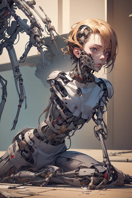 breathtaking full shot:, full body, broken down, (hacked arm:1.4), facing viewer, (looking at viewer:1.4), dynamic pose,  <lora:reelmech1v2:1> reelmech, (mechanical parts:1.5), missing parts, dirty, stained, leaking oil, (damaged:1.3), <lora:1mechabare:1>, damaged_skin face, damaged_skin  eye socket, damaged_skin cheek, falling apart <lora:cyborgbot:0.3> robot <lora:Horror_Scenes:0.2>, masterpiece, award-winning, professional, highly detailed