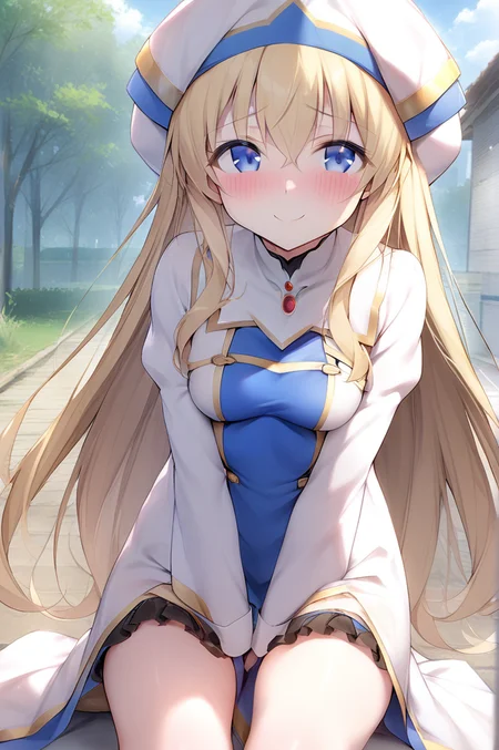 1girl,solo,petite,slender,sdxl-gs-priestess,blonde hair, very long hair, sidelock, bang hair, between eyes, blue eyes, medium breasts, white headwear, white long robe center blue, mluticolor wear, puffy sleeves, long sleeves, hime-sode frills, white thigh boots, holding staff,smile,looking at viewer,outdoor,blush,shy<lora:XDetail_light:1.3><lora:better skin typeB-v1:0.7> ,masterpiece,best quality   <lora:sdxl-gs-priestess:0.7>