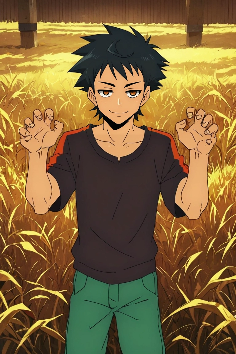 zPDXL, score_9, score_8_up, score_7_up, rating_safe, , looking at viewer, , 1boy, ash ketchum, pokemon, black hair, brown eyes, solo, symmetry, farm, plantation, dark, claw pose, half-closed eyes, smile, <lora:kami_no_tou_style_pony:1.12>, kami_no_tou_style, , <lora:sdxl_lightning_8step_lora:1>