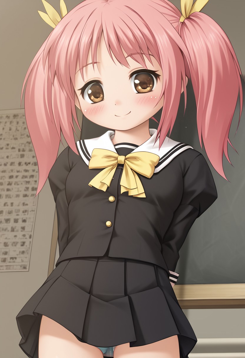 score_4,score_5,score_6,score_7_up,score_8_up,score_9
((masterpiece,best quality,ultra detailed,highres,HD,4k:1.2)),
1 cute girl,solo,
1 girl, solo, pink hair, brown eyes,twintail, 
school uniform, yellow ribbon,high socks,
blush,smile,
