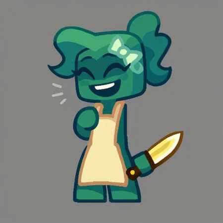 Score_9, score_8, score_7, score_6, source_cartoon, KintGurl, 1girl, solo, female focus, 2D, digital art, flat colors, clean lines, cartoonish, cartoon, Gradient shading, bold outlines, humanoid, square head, armless, disembodied hands, floating hands, Dark teal skinned female, Teal skin, colored skin, Black sclera, yellow eyes, circular eyes, no nose, no eyebrows, Ponytail, neckless, floating head, Tied hair, long hair, wavy hair, dark teal hair, teal hair, bow, bow on hair, light green bow, yellowish white apron, apron, full body, standing, Holding knife, holding weapon, holding, yellow knife, golden knife, smile, smiling, teeth, happy expression, happy, closed eyes, ^^, ^ ^, hand on chest, open mouth, angled view, gray background